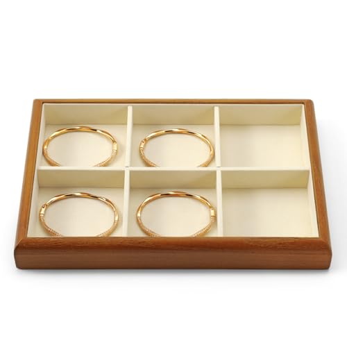6 Grids Solid Wood Jewelry Tray Microfiber Bracelet Bangle Watch Earring Ring Necklace Holder for Display Storage (Cream White) - style: 6 Grid
