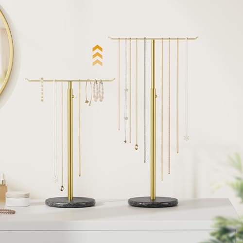 Gold Necklace Holder Jewelry Organizer Stand – Adjustable Height T‑Bar Jewelry Display with Dark Gray Marble Base, Necklace & Bracelet Holder, Countertop Jewelry Stand - color: Glod & Black