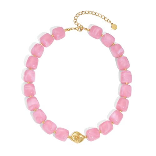 Colorful Chunky Necklaces for Women Multicolored Large Square Acrylic Beads Necklace Trendy Bold Statement Beaded Necklace Summer Vacation Choker Jewelry - color: Pink