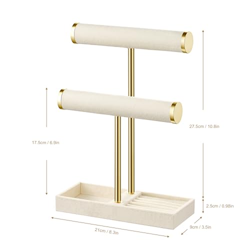bussdis 2 Tier Bracelet Holder Display - Detachable T Bar Beige Velvet Bracelet Holder, Jewelry Holder Organizer for Bracelet, Necklace, Earrings, Rings - color: Beige