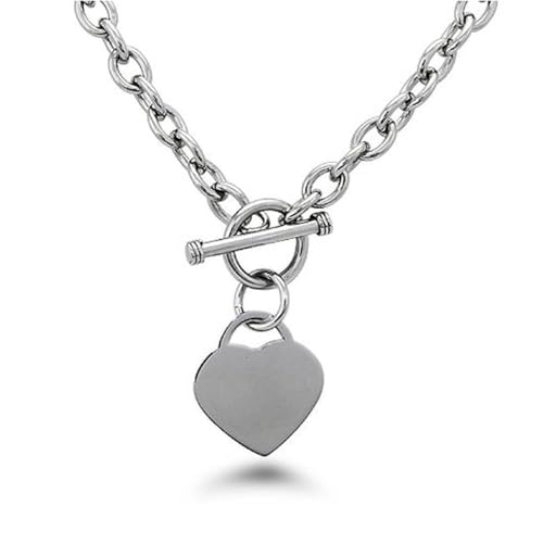 High Polished Stainless Steel Heart Charm Cable Chain Necklace with Toggle Clasp Silver Length 16"- 25" - size: 18 Inch