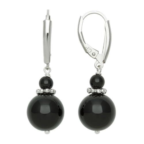 Belacqua Natural Round Gemstone Beaded Dangle Drop Earrings in Sterling Silver, Jade, Aquamarine, Black Onyx or Rose Quartz, Jewelry for Women, 1.5 Inches - Length, Leverback, Gift Box Included - color: Black Onyx