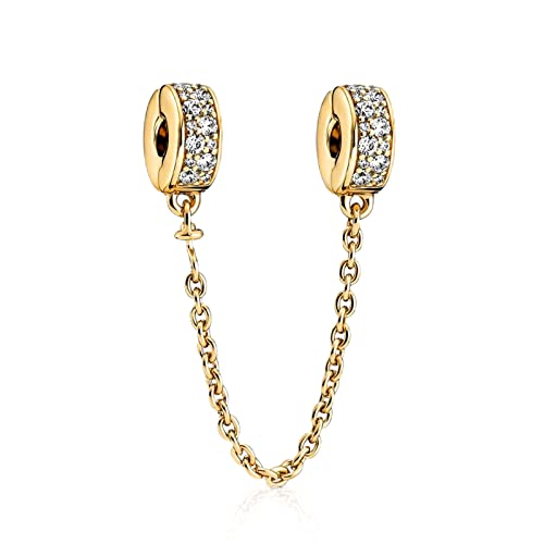 S925 Bead Dangle Charms for Bracelets Necklaces, Compatible with Pandora - style: Sparkling Pavé CZ Safety Chain 14K Gold Plated