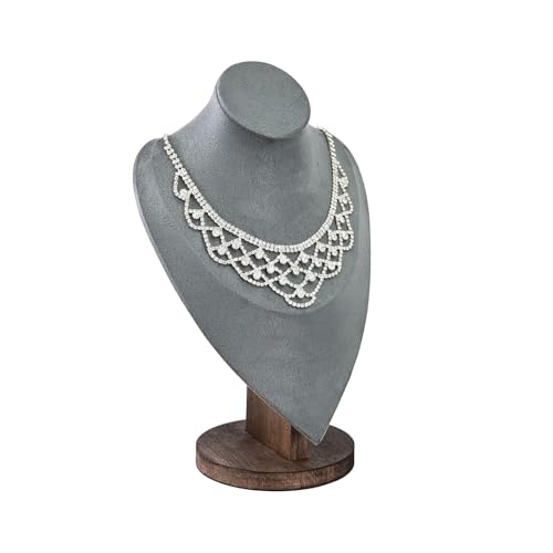 MOOCA Necklace Chain Jewelry Display Holder, Jewelry Stand, Necklaces Display Mannequin Bust Stand, Wood Sturdy Base, Grey Suede with Walnut Base - color: Grey Suede with Walnut Base