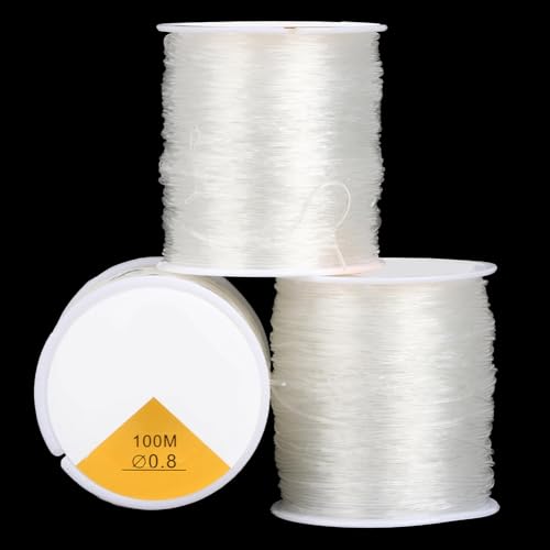 328.08 Yards 0.8mm Clear Elastic Thread 3 Rolls Crystal Stretch Beads Round Cords Transparent Threads Stretchy Beading TPU String for Jewelry Making Bracelet Necklaces DIY Craft Supply