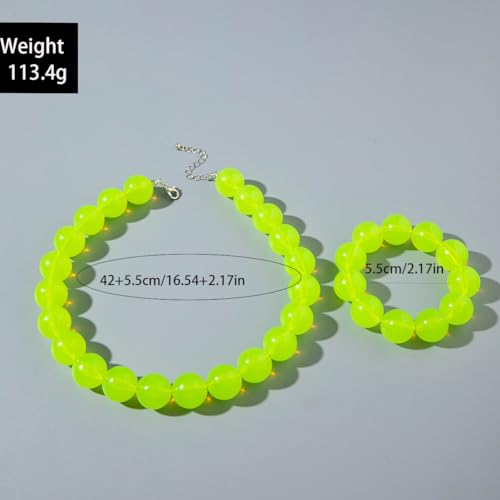 Colorful Chunky Beaded Necklace for Women Acrylic Bead Choker Necklaces Fashion Large Round Beads Necklaces for Women Handmade Summer Jewelry - color: Green bracelet + necklace