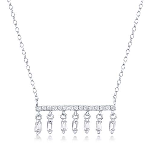 Horizontal Bar Necklace for Women, Sterling Silver or 14K Gold Plated Silver, Minimalist, CZ Diamond, Dainty Bar Pendant - Unique Jewelry Gift - style: Baguette Drop - Silver