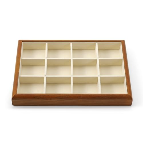 12 Girds Solid Wood Jewelry Tray Microfiber Ring Earring Stackable Drawer Organizer for Display Storage (Cream White) - style: 12 Grid