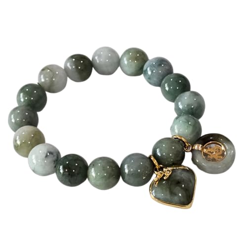Thai Jade Bracelet 13.20mm – Natural Green Striped Round Beads | Stretch Healing Energy Bangle with Love Heart/Coin Charm | Lucky Feng Shui Protection Gift for Women