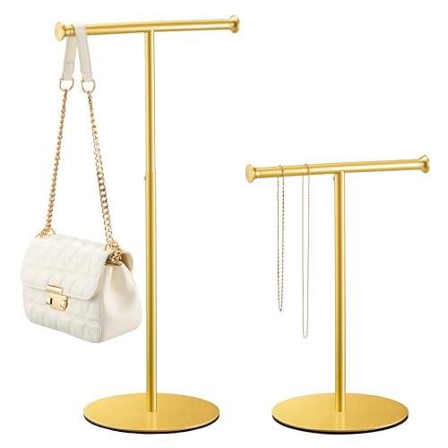 niffgaff 2 Pack 15‘’-24‘’ T Bar Purse Display Stand Tabletop: Adjustable Height Handbag Holder, Countertop Hanging Rack for Long Necklace Scarf Lanyard, Gold - color: Gold