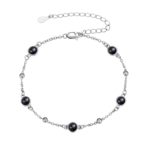 HPQQ Anklet Bracelet for Women 925 Sterling Silver Natural Stone Chain Bead Ankle Bracelet Beach Summer Fine Jewelry Mothers Day Birthday Gifts for Women Mom Wife - color: Bracelet-7"-9"-Black Onyx