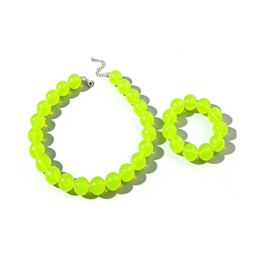 Colorful Chunky Beaded Necklace for Women Acrylic Bead Choker Necklaces Fashion Large Round Beads Necklaces for Women Handmade Summer Jewelry - color: Green bracelet + necklace