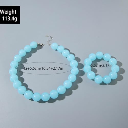Colorful Chunky Beaded Necklace for Women Acrylic Bead Choker Necklaces Fashion Large Round Beads Necklaces for Women Handmade Summer Jewelry - color: Blue bracelet + necklace