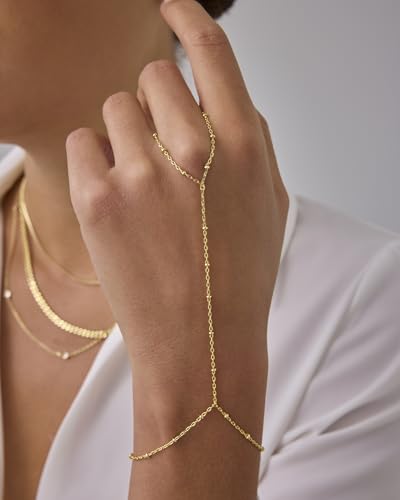 PAVOI 14K Gold Plated Hand Chains for Women - Adjustable Hand Chain Bracelet and Ring - Trendy Gold Handchain Bracelet Stack Summer Jewelry - Beads, Pearl, and Cubic Zirconia Body Jewelry - style: Satellite