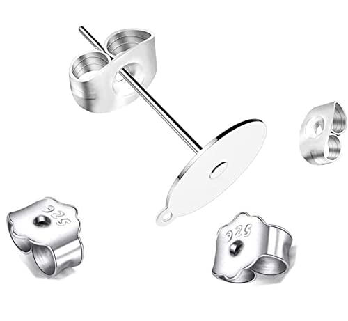 100Pcs 925 Sterling Silver Earrings Posts Flat Pad Ear Stud Hypoallergenic Blank Earring Pins with Loop and 925 Sterling Silver Earring Backs for Jewelry DIY Making Findings