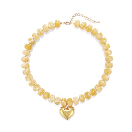 Chunky Heart Necklace for Women, Colorful Acrylic Beaded Statement Puff Heart Necklace, Cute Boho Y2K Choker Necklace for Gift Jewelry - color: Turmeric