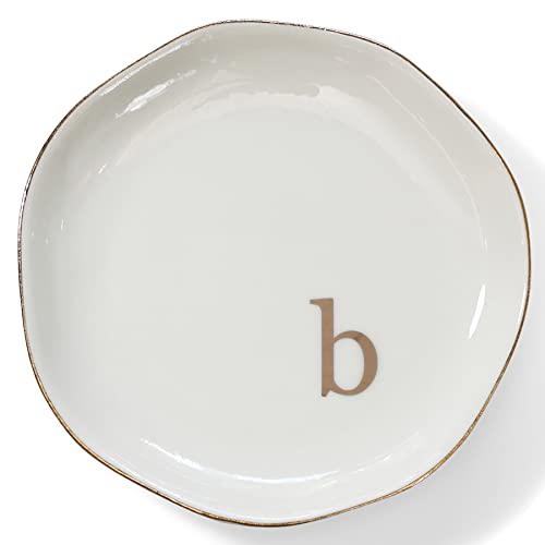 HOME SMILE Initials Ring Dish Jewery Tray with Personalized B-Monogrammed Engagement Wedding Gifts for Friends,Sister,Birthday Christmas Gifts for Women,Ceramic White - style: b