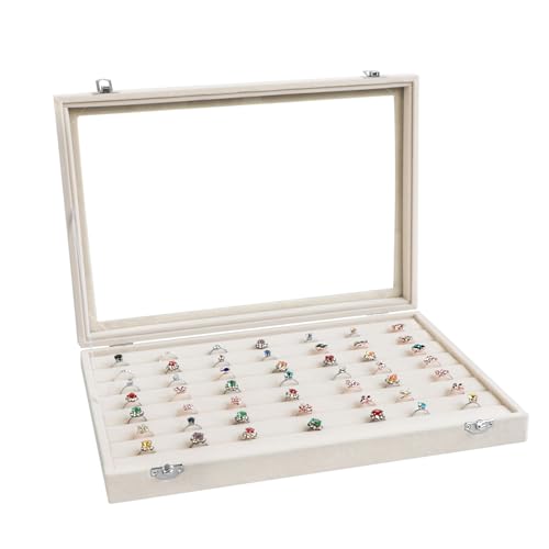 Wudygirl Ring Display with Clear Lid Organizer and Showcase Rings Box with 7 Slots Jewelry Tray for Drawer Velvet Rings Holder Accessories Storage (Beige Velvet) - style: Beige Ring Tray