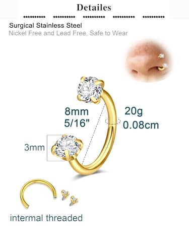 QWALIT Piercing Taper Threadless Insertion Tool - Titanium Labret Pin 16g, 18g, 20g - color: C4 - Gold -20g 8mm 3pcs