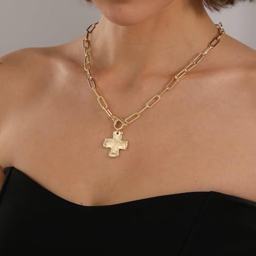 Bheop Chunky Cross Necklace for Women Trendy 14K Gold Silver Layered Statement Cross Pendant Charm Necklace Waterproof Paperclip Herringbone Snake Choker Chain Christian Jewelry Set Gift Non Tarnish - style: GD-Toggle Necklace（1 inch Pendant)
