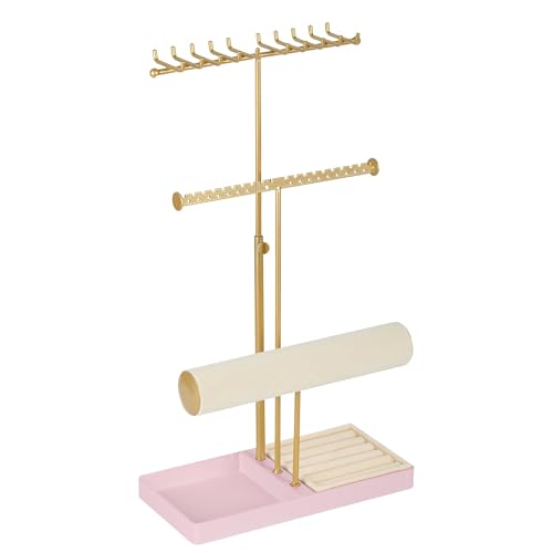 Tirzah 3-Tier Adjustable Gold Jewelry Holder Organizer Stand with 20 Necklace Hooks, 18 Earring Holes and Notches, Bracelet Holder, 6 Ring Rolls, Pink Tray for Girls, Women - color: Gold & Pink, for Necklace Earring Bracelet