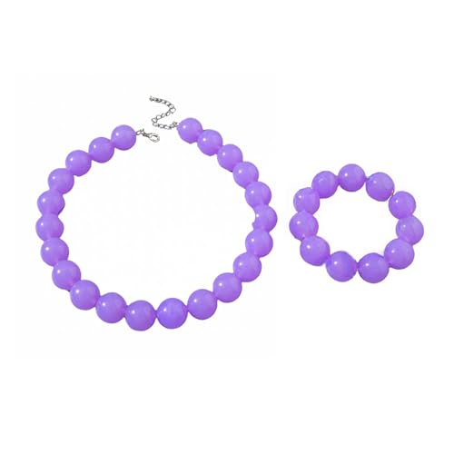 Colorful Chunky Beaded Necklace for Women Acrylic Bead Choker Necklaces Fashion Large Round Beads Necklaces for Women Handmade Summer Jewelry - color: Purple bracelet + necklace