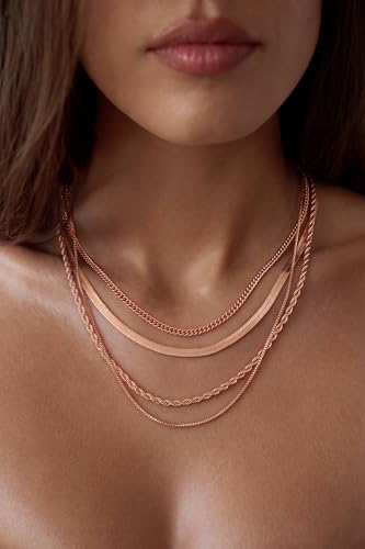Tewiky Layered Necklaces for Women Non Tarnish- Chunky 14k Gold Plated Herringbone/Snake/Rope/Box/Cuban Link Chain for Women Waterproof Layering Stack Choker Necklace Trendy Dainty Tarnish Free Jewelry Set - color: 4 layered necklace-Rose Gold