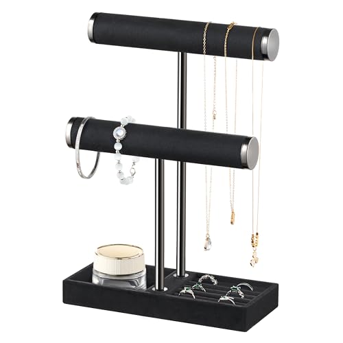 bussdis 2 Tier Bracelet Holder Display - Detachable T Bar Black Velvet Bracelet Holder, Jewelry Holder Organizer for Bracelet, Necklace, Earrings, Rings - color: Black