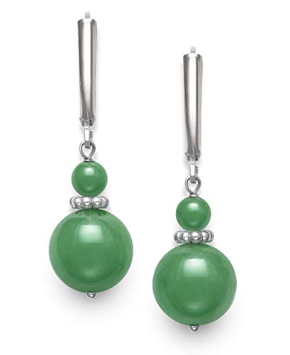 Belacqua Natural Round Gemstone Beaded Dangle Drop Earrings in Sterling Silver, Jade, Aquamarine, Black Onyx or Rose Quartz, Jewelry for Women, 1.5 Inches - Length, Leverback, Gift Box Included - color: Green Jade
