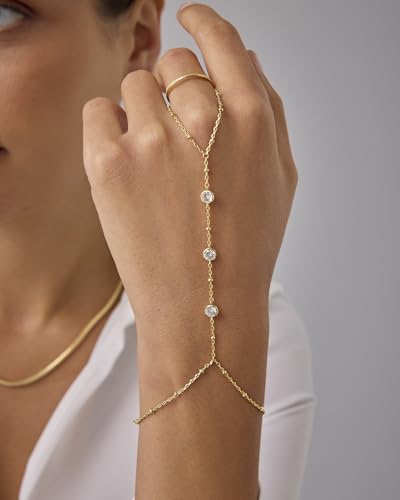PAVOI 14K Gold Plated Hand Chains for Women - Adjustable Hand Chain Bracelet and Ring - Trendy Gold Handchain Bracelet Stack Summer Jewelry - Beads, Pearl, and Cubic Zirconia Body Jewelry - style: Bezel
