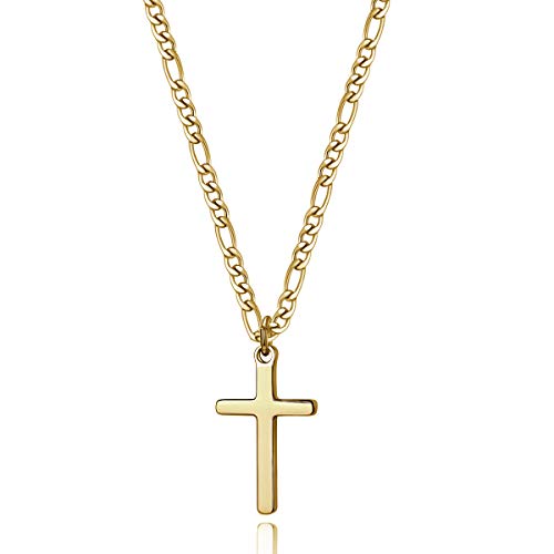 Joxevyia 14K Gold Filled Cross Necklace for Men Figaro Chain Stainless Steel Polished Cross Pendant Necklace Simple Baptism Faith Jewelry Gift - size: 18 inches, style: small cross (1.0"*0.6")