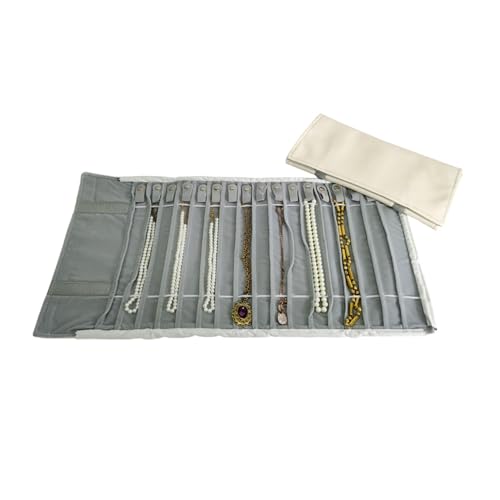 Portable Jewelry Roll Untangled Secure Necklace Travel Storage Bag Displays Holder 16 Chain (Gray PU and Gray Velvet) - color: Gray PU and Gray Velvet