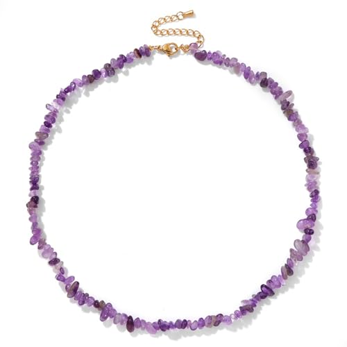 Raw Crystal Necklaces for Women 5-8mm Handmade Natural Stone Necklace Beaded Choker Necklace Healing Crystal Necklace Gemstone Necklace Raw Crystal Beaded Necklace for Her - style: Amethyst