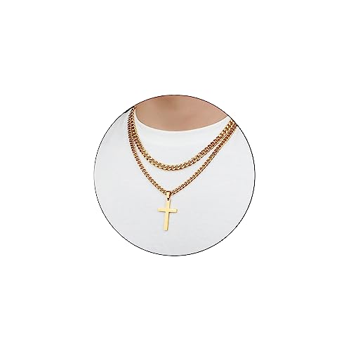 SENRAN Layered Cross Necklace for Men Boys Stainless Steel Layered Cuban Link Chain 16-24 inch Christian Cross Pendant Religious Jewelry Gifts - color: Gold, style: 16inch/18inch