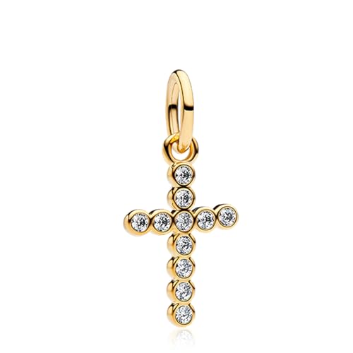 S925 Bead Dangle Charms for Bracelets Necklaces, Compatible with Pandora - style: Cross Charm 14K Gold Plated