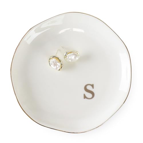 HOME SMILE Initials Ring Dish Jewery Tray with Personalized S-Monogrammed Engagement Wedding Gifts for Friends,Sister,Birthday Christmas Gifts for Women,Ceramic White - style: s