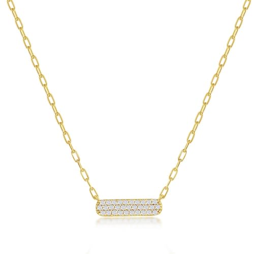 Horizontal Bar Necklace for Women, Sterling Silver or 14K Gold Plated Silver, Minimalist, CZ Diamond, Dainty Bar Pendant - Unique Jewelry Gift - style: Full Pavé - Gold