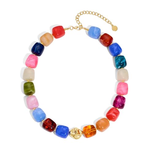 Colorful Chunky Necklaces for Women Multicolored Large Square Acrylic Beads Necklace Trendy Bold Statement Beaded Necklace Summer Vacation Choker Jewelry - color: Colorful-1