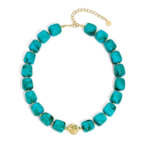 Colorful Chunky Necklaces for Women Multicolored Large Square Acrylic Beads Necklace Trendy Bold Statement Beaded Necklace Summer Vacation Choker Jewelry - color: Turquoise