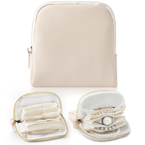 Genuine Leather Travel Jewelry Organizer Case Pouch Bags with Zipper, Small Mini Portable Jewelry Storage Bag for Ring Earrings Necklace Bracelet Travel Essentials Gift for Women（Beige） - color: Nappa Leather Beige