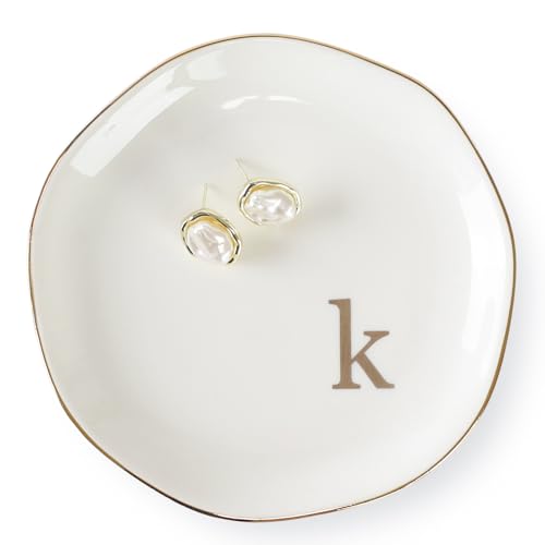 HOME SMILE Initials Ring Dish Jewery Tray with Personalized K-Monogrammed Engagement Wedding Gifts for Friends,Sister,Birthday Christmas Gifts for Women,Ceramic White - style: k