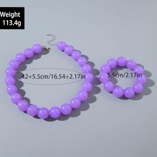Colorful Chunky Beaded Necklace for Women Acrylic Bead Choker Necklaces Fashion Large Round Beads Necklaces for Women Handmade Summer Jewelry - color: Purple bracelet + necklace