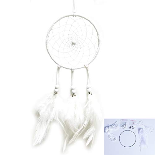 DIY Dream Catcher Beginner Kit, Making Dream Catcher Supplies Include Metal Hoop, Feathers, Faux Suede Cord, Thread, Wood Beads (White) - color: White