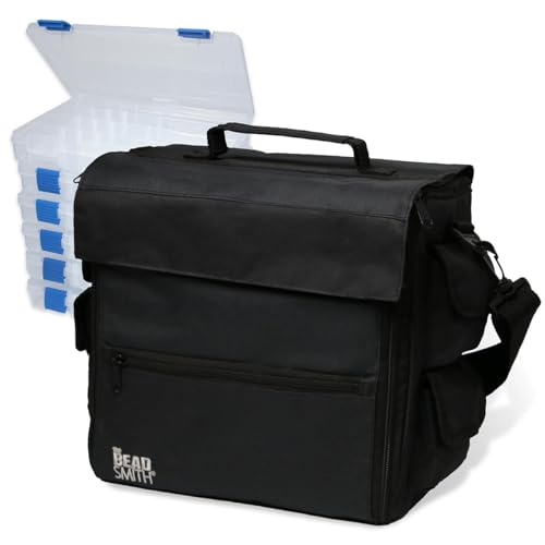 The Beadsmith Keeper Traveler - 13" x 7.5" x 11.5" - Includes 6 Organizer Boxes, Zip Front Tote Bag with Carrying Handle & Removable Adjustable Strap - Portable Storage System for Beads & Supplies