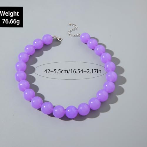 Colorful Chunky Beaded Necklace for Women Acrylic Bead Choker Necklaces Fashion Large Round Beads Necklaces for Women Handmade Summer Jewelry - color: Purple Beaded Necklace