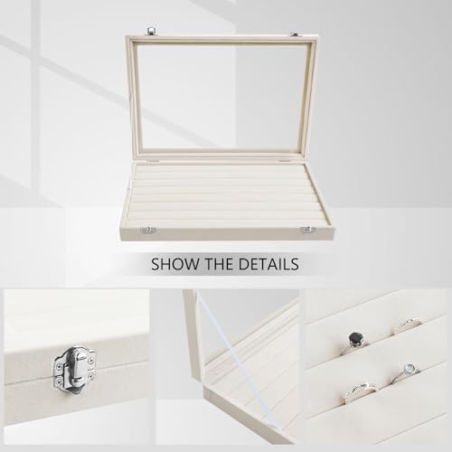 Wudygirl Ring Display with Clear Lid Organizer and Showcase Rings Box with 7 Slots Jewelry Tray for Drawer Velvet Rings Holder Accessories Storage (Beige Velvet) - style: Beige Ring Tray