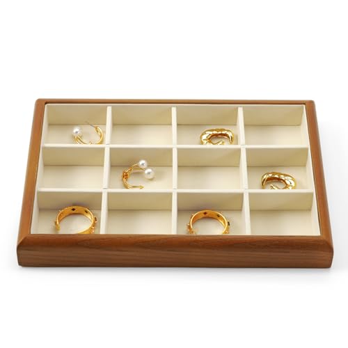 12 Girds Solid Wood Jewelry Tray Microfiber Ring Earring Stackable Drawer Organizer for Display Storage (Cream White) - style: 12 Grid