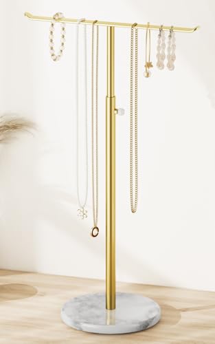 Gold Necklace Holder Jewelry Organizer Stand – Adjustable Height T‑Bar Jewelry Display with White Marble Base, Necklace & Bracelet Holder, Countertop Jewelry Stand - color: Gold & White