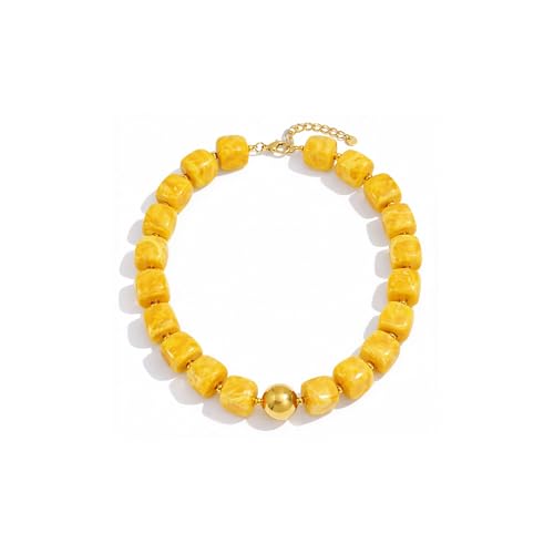 Mchic Colorful Beaded Choker Necklace for Women: Boho Large Square Acrylic Beaded Necklace Stainless Steel Adjustable Surfer Beach Strand Necklaces Summer Handmade Jewelry Gift for Women - color: Yellow