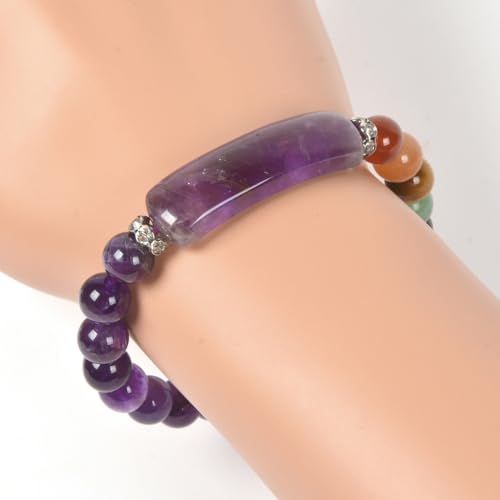 Justinstones Gem Semi Precious Gemstone Love Heart Charm Stretch Beaded Bracelet Unisex - color: Amethyst(7 Chakra)